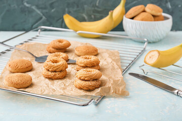Tasty banana cookies on table