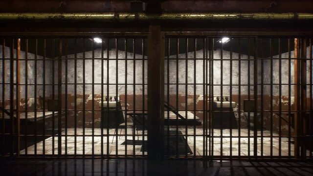An old prison with empty closed cells. The seamless loopable animation is designed for crime, violence or historical backgrounds. View of an ancient prison.