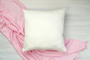 Canvas pillow mockup, white blank square cushion mock up, feminine flat lay with pink blanket.