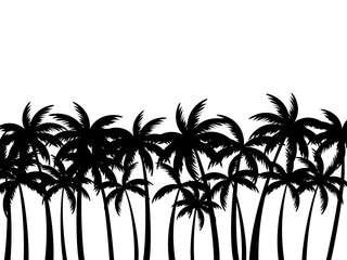 Fototapeta na wymiar Landscape with palm trees. Black silhouettes of palm trees on a white background. Design for poster, travel banner. Vector illustration