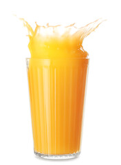 Glass of orange juice with splash on white background