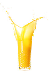 Glass of orange juice with splash on white background