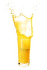 Glass of orange juice with splash on white background
