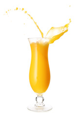 Glass of orange juice with splash on white background