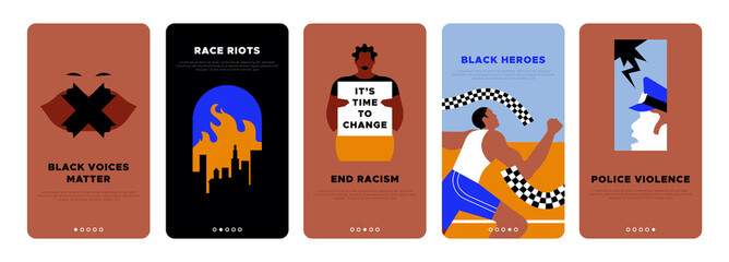 Fototapeta premium Black lives matter vertical banner template set for discrimination fight or international social issues event. Modern flat illustration of riot fire, protest sign, police injustice concepts and more.