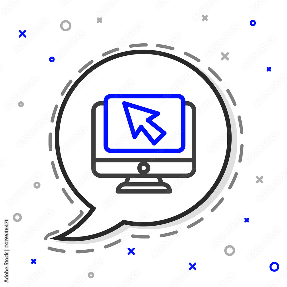 Poster Line Computer monitor and cursor icon isolated on white background. Computer notebook with empty screen sign. Colorful outline concept. Vector Illustration.