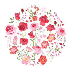 Round template with festive romantic floral elements. Circle with cute childish ornament. Pretty illustration can be used as spring design template.