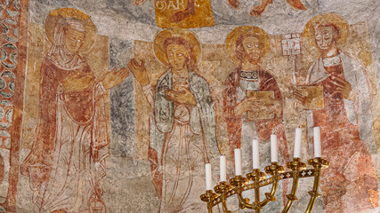 Romanesque wall-painting of Virgin Mary, st John, st Paul and st Peter © Stig Alenas
