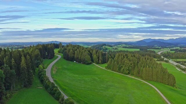 Typical landscape in Bavaria in the Allgau district of the German Alps - aerial view