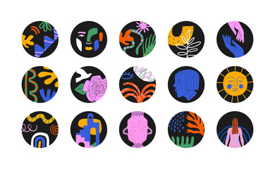Modern abstract nature art icon collection. Colorful dot template bundle for social media story, web highlight or blog. Modern hand drawn plant leaf and woman face shape decoration set.