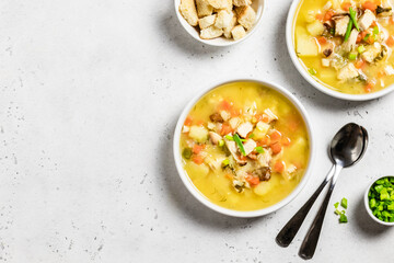Homemade split pea soup with smoked turkey. Space for text, top view.