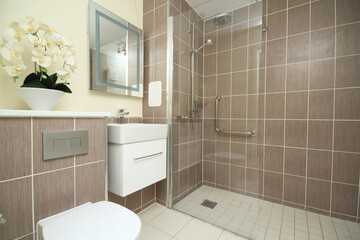 modern bathroom with shower, mirror and flowers