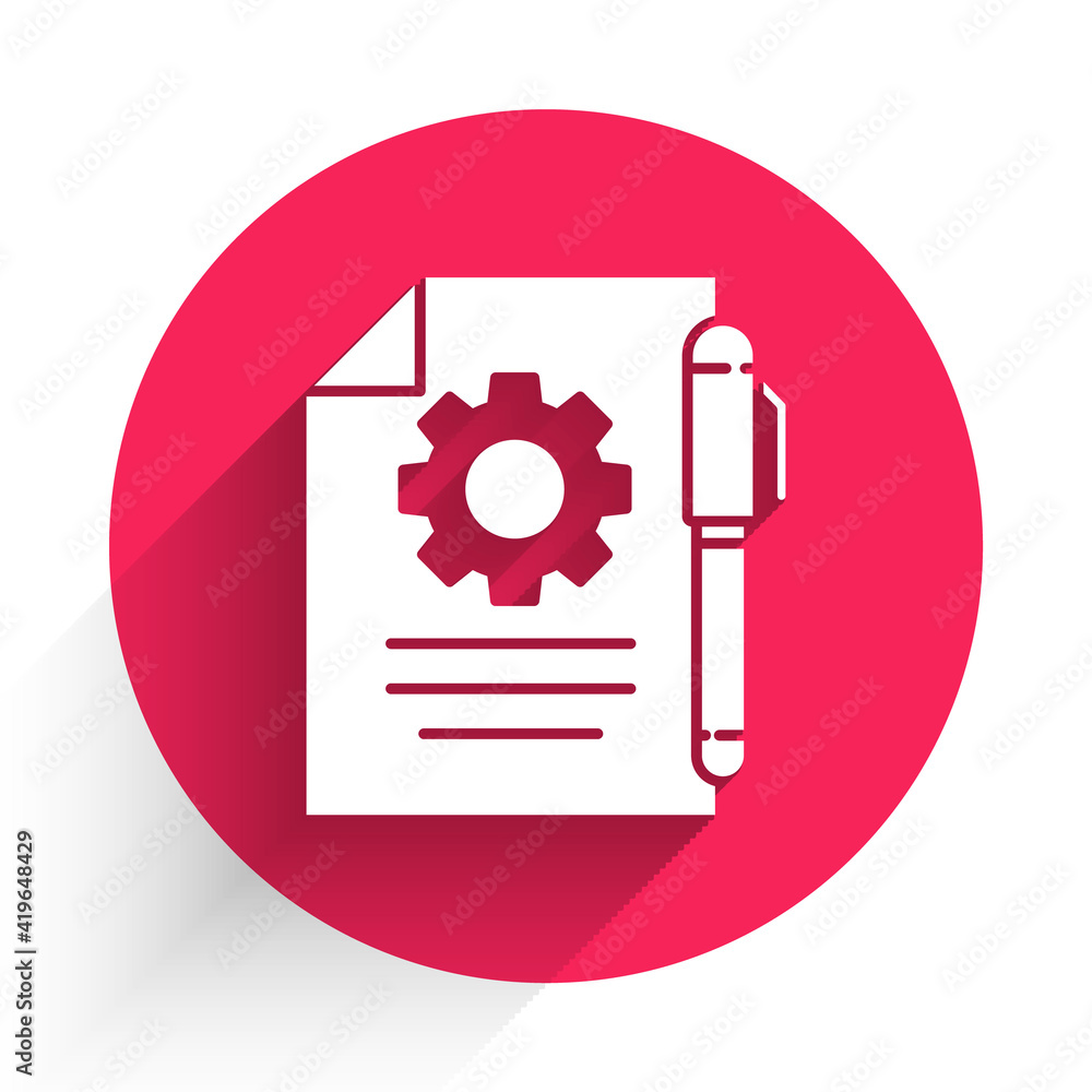 Poster white document settings with gears icon isolated with long shadow. software update, transfer protoco