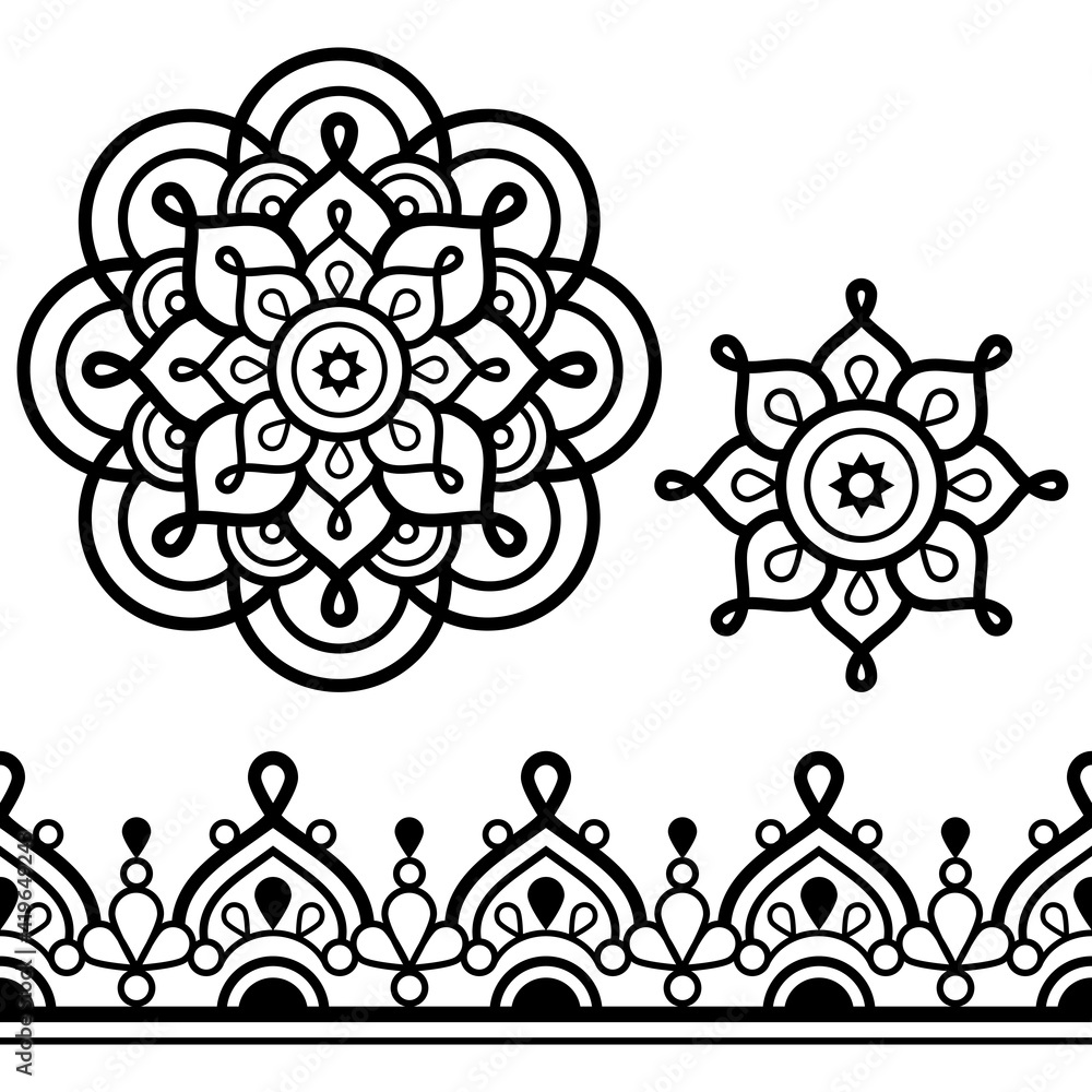 Wall mural Mandala bohemian illustration and Indian seamless pattern vector design set, retro line art in black and white - yoga, Zen, mindfulness concept
