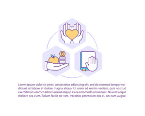 Obraz premium Religion teachings concept icon with text. Religious values. Charity and community support. PPT page vector template. Brochure, magazine, booklet design element with linear illustrations