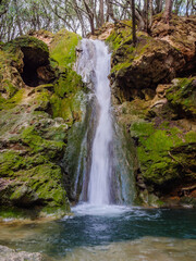 waterfall of Salt d'es Freu, a hiking area with waterfall near the village of  Bunyola on the balearic island of mallorca, spain