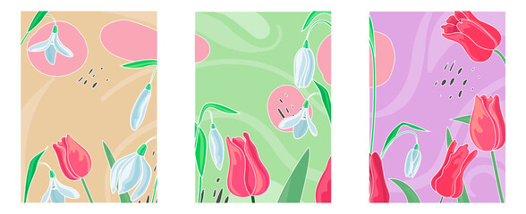 Wedding background card floral decorative border. Elegant banner graphic card illustration set. Spring flowers. Delicate pink tulips and snowdrops in cartoon style. Stock vector Illustration