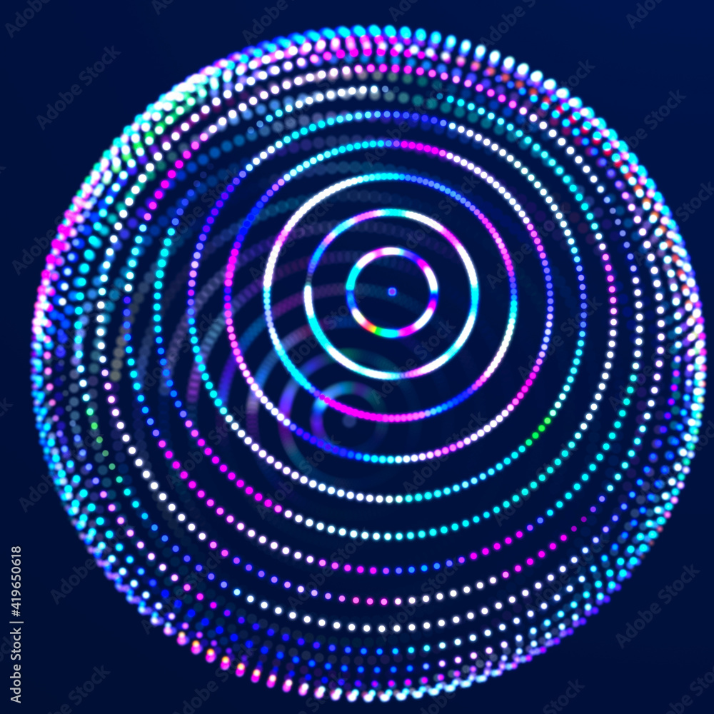 Aufkleber abstract 3d sphere. futuristic dots background. colored music surface. 3d rendering.