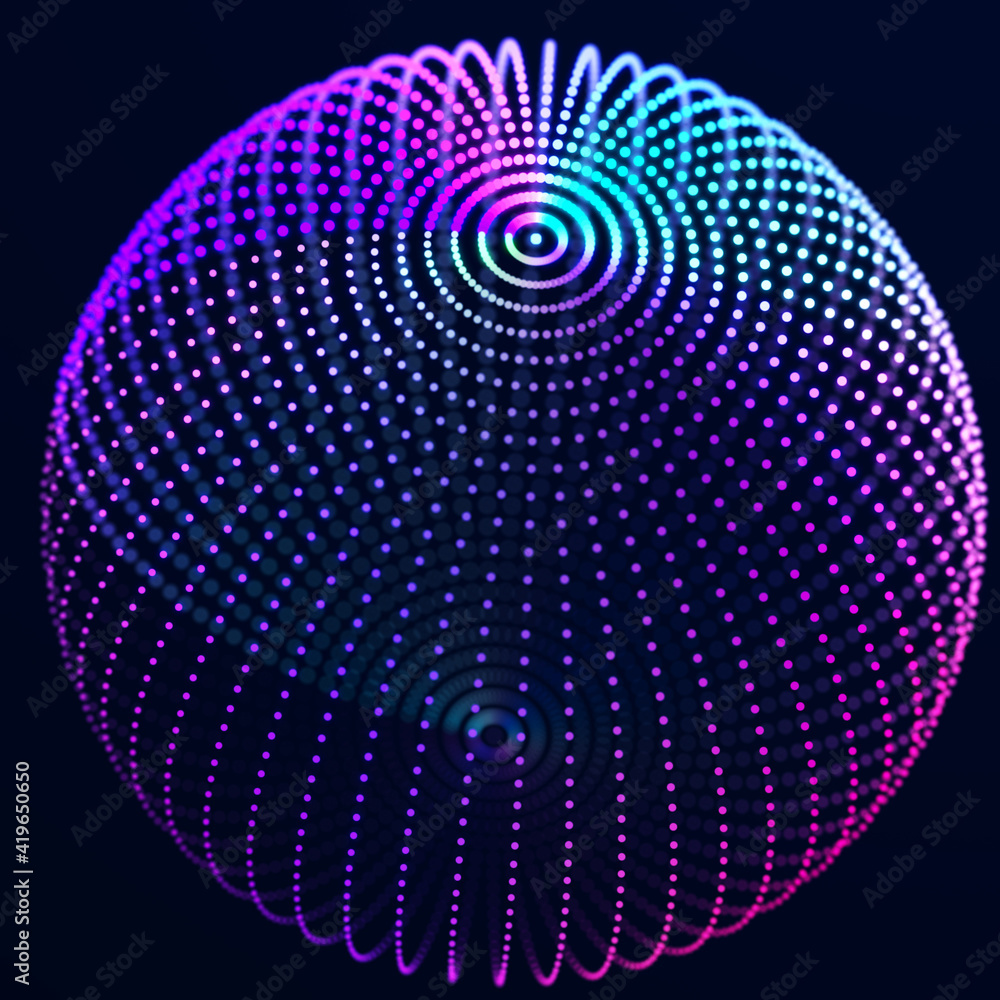 Poster abstract 3d sphere. futuristic dots background. colored music surface. 3d rendering.
