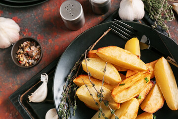 Plate of tasty baked potato with garlic on grunge background