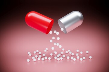 3D Rendering. Red and Bronze tablet capsule with white balls isolated on a pink background. Medicines per blister pack.