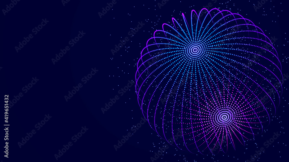 Poster abstract 3d sphere. mesh of sphere with points on dark background. science and technology. 3d
