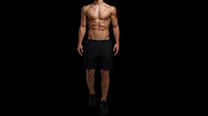Fototapeta na wymiar Cropped image a sportive man with muscular body, naked torso posing at studio. Black background. Men's health.