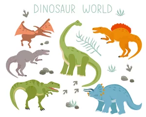 Fototapete Dinosaurier Stellen Sie mit den Karikaturdinosauriern ein, die auf einem weißen Hintergrund lokalisiert werden. Vektorillustration für den Druck auf Verpackungspapier, Stoff, Postkarte, Kleidung. Netter Kinderhintergrund