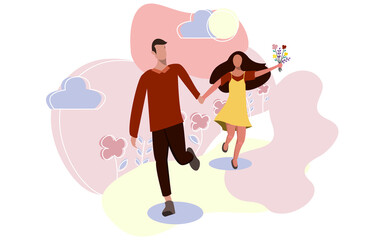 Vector illustration of romantic couple running and holding hands