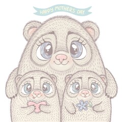 happy mothers day, mom and children in the form of cartoon characters of polar bears, isolated illustration congratulation print
