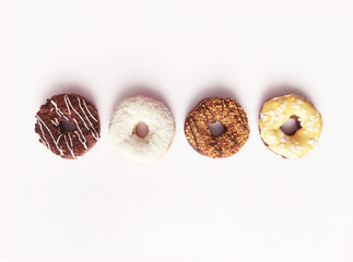 set of four multi-colored donuts in a row on a white background. pink toning. place for text 
