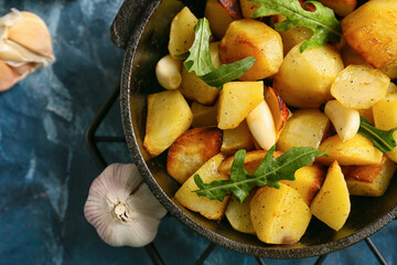 Frying pan of tasty potato with garlic on color background