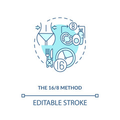 The 16-8 method blue concept icon. Weight loss. Eating plan. Healthy food for nutrition. Intermittent fasting idea thin line illustration. Vector isolated outline RGB color drawing. Editable stroke
