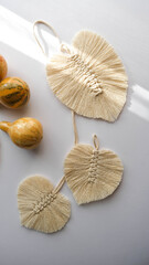 Leaf macromes made of yellow, white and beige colored threads on a white background and 
small gourds.