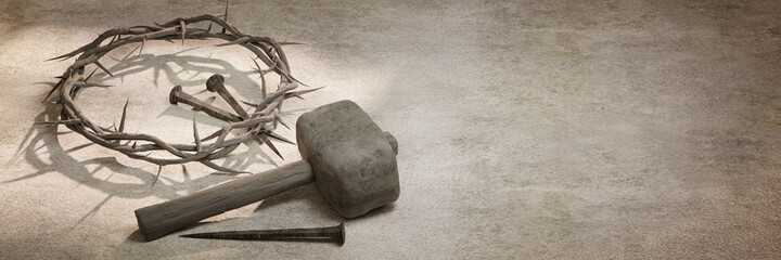 Jesus Christ Crown of Thorns Nails and Hammer 3D Rendering