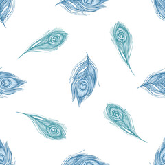 Naklejka premium Seamless pattern with hand drawn pastel peacock feathers