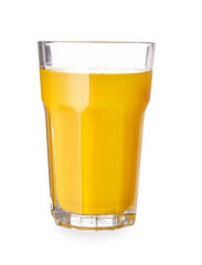 Glass of healthy turmeric drink on white background