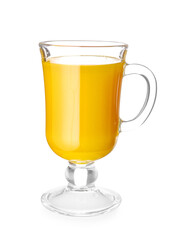 Cup of healthy turmeric drink on white background