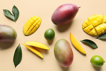 Composition with sweet mangoes on color background