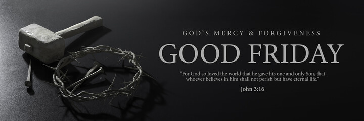 Good Friday Banner Design. Jesus Christ Crown of Thorns Nails and Hammer 3D Rendering - 419654240