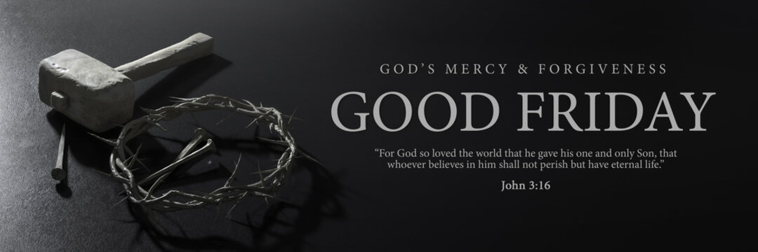 Good Friday Banner Design. Jesus Christ Crown of Thorns Nails and Hammer 3D Rendering