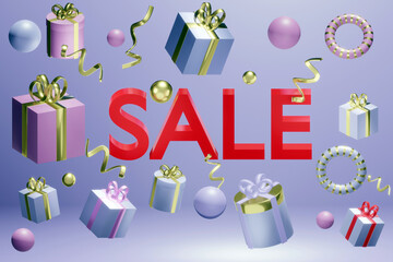 3D rendering sale banner bright gifts celebration