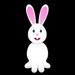 White happy rabbit on black isolated background. Smiling bunny cartoon character.