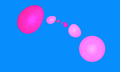 Bright abstract poster in retro style. Pink discs, spheres, ovals and amorphous shapes floating in deep aqua blue space. Dynamic, balanced and simple composition. Spring and summer mood in pop art.	