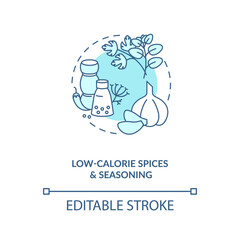 Low calorie spices and seasoning blue concept icon. Weight loss. Cooking healthy food. Intermittent fasting idea thin line illustration. Vector isolated outline RGB color drawing. Editable stroke