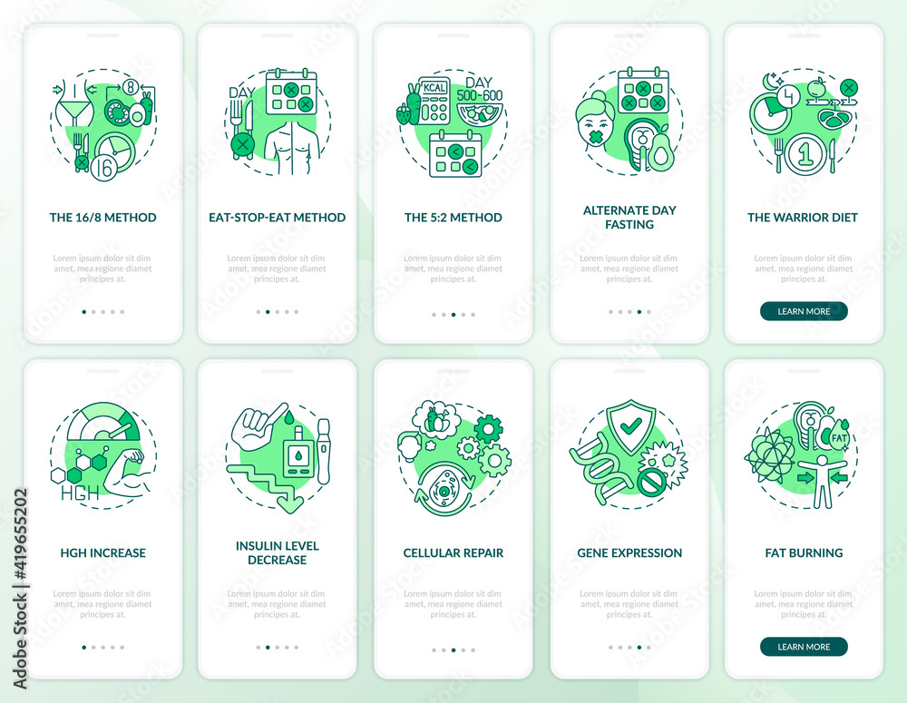 Poster intermittent fasting green onboarding mobile app page screen with concepts set. healthy eating. diet
