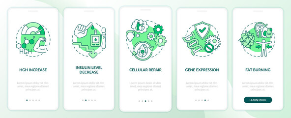 Intermittent fasting health effects green onboarding mobile app page screen with concept. HGH increase. Health walkthrough 5 steps graphic instructions. UI vector template with RGB color illustrations