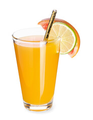 Glass of tasty mango margarita on white background