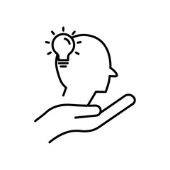 Hand line icon with head and light bulb. Concept of new idea. Idea generation process. Editable stroke. Simple illustration mobile concept and web design. Design template vector