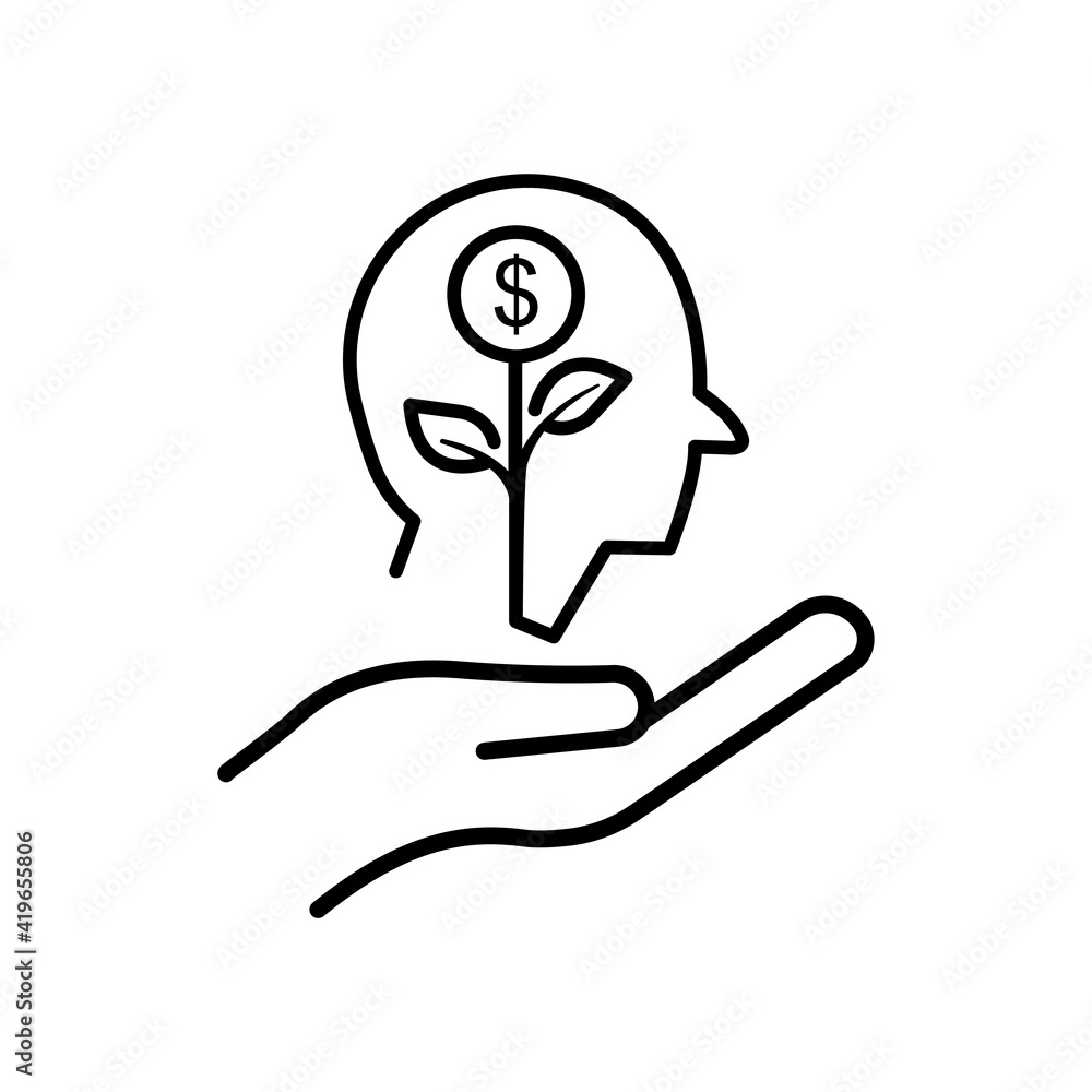 Aufkleber hand line icon with head and dollar. business idea. idea generation process. editable stroke. simple